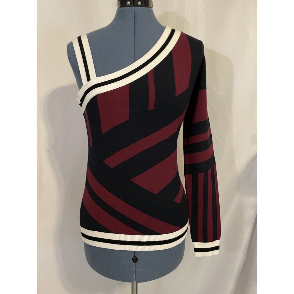 Karen Millen One-Shoulder Striped Knit Top in Black, Burgundy & Cream - Picture 2 of 7